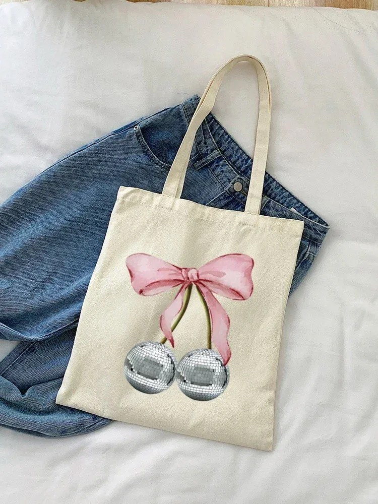 sac à bandoulière en toile cerise, 1 pièce, pliable et réutilisable, sac à main d'épicerie en tissu, unisexe pour dames, voyage pour femmes