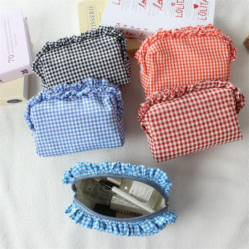 pochette de maquillage à franges en tissu gingham, style coréen, grande capacité, portable, trousse de toilette de voyage pour filles et femmes
