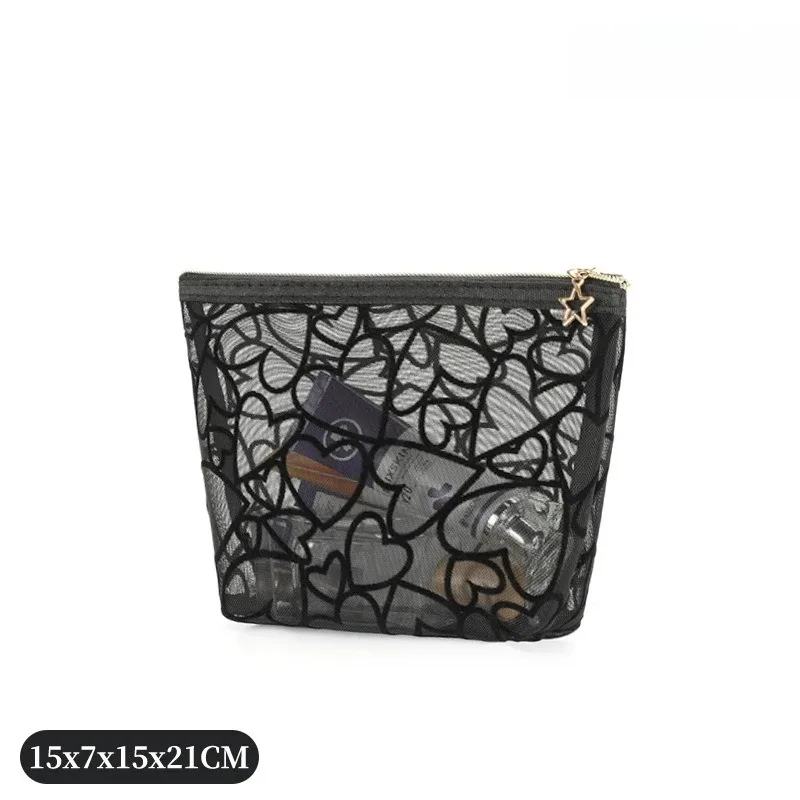 pochette de maquillage en maille floquée en forme de cœur, mini trousse de toilette portable, pochette de retouches, petite pochette de rangement rouge