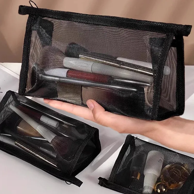 sac à cosmétiques en maille noire, rangement de voyage, sac de maquillage, organisateur, pochette de maquillage pour femme, portable, petite et grande trousse de toilette et de beauté
