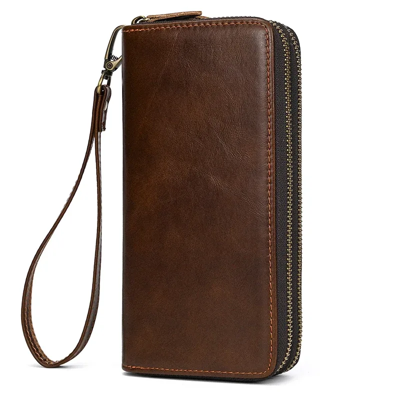 luufan-long sac à main en cuir de cheval vintage pour hommes et femmes, portefeuilles à double fermeture éclair pour carte de crédit, pochette pour homme