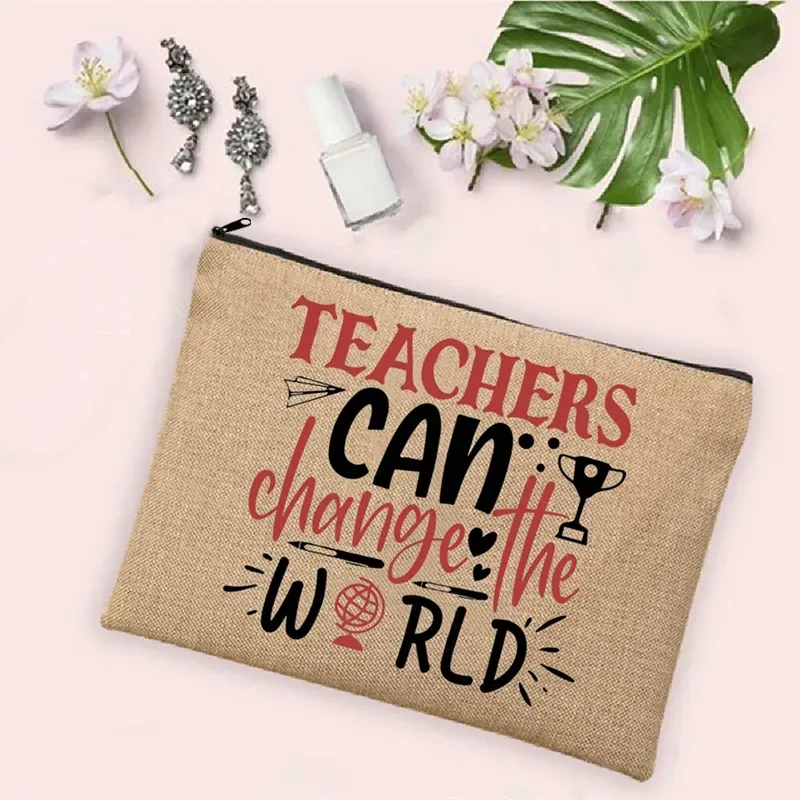 teacher change the world linen powder trousse de toilette de voyage pour femme, trousse de maquillage, cadeau de retour à l'école, sac à cosmétiques