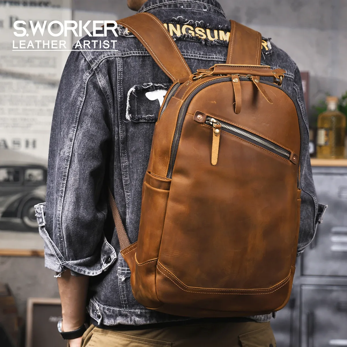sac à dos vintage fait main en cuir pleine fleur pour homme, sac à bandoulière pour ordinateur portable en cuir crazy horse, sac d'école tendance pour homme
