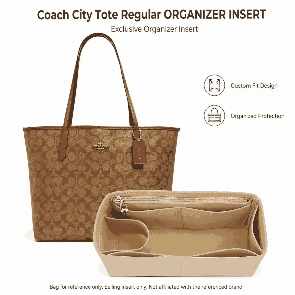 organisateur de sac à main en feutre, doublure structurée pour un rangement quotidien, compatible avec les sacs coach city tote de tailles régulière, moyenne et petite.