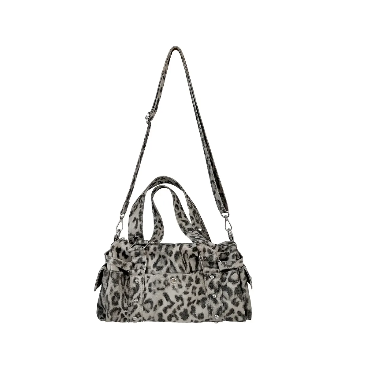 sac à main vintage léopard à rivets, sacoche boston décontractée en forme de baril pour femme, sac à bandoulière, fourre-tout tendance pour dames