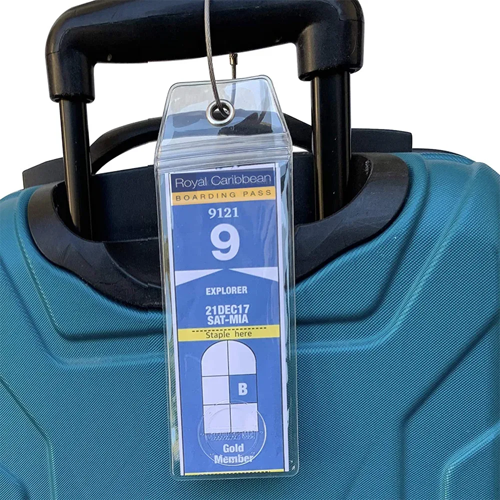 étiquette bagage plastique transparente bleue motifs blancs jaunes voyage croisière identification valise nom adresse
