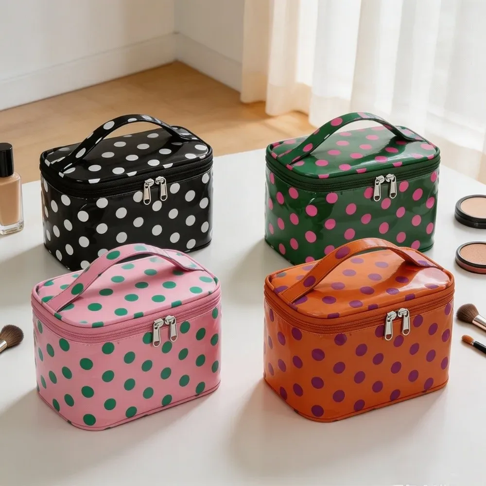 Sac de maquillage en PVC à pois, sac cosmétique imperméable en PVC, grande capacité avec poignée, organisateur de maquillage.