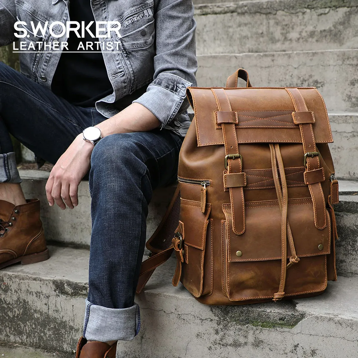 sac à dos pour homme en cuir véritable vintage s.worker, sac pour ordinateur portable, sac d'école décontracté en cuir crazy-horse, sac de voyage de week-end en plein air
