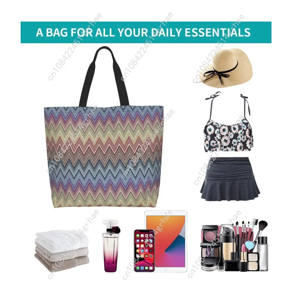sac fourre-tout personnalisé coloré à motif zig-zag pour la maison, sac de courses en toile bohème géométrique à motif zig-zag, sac à bandoulière pour les courses