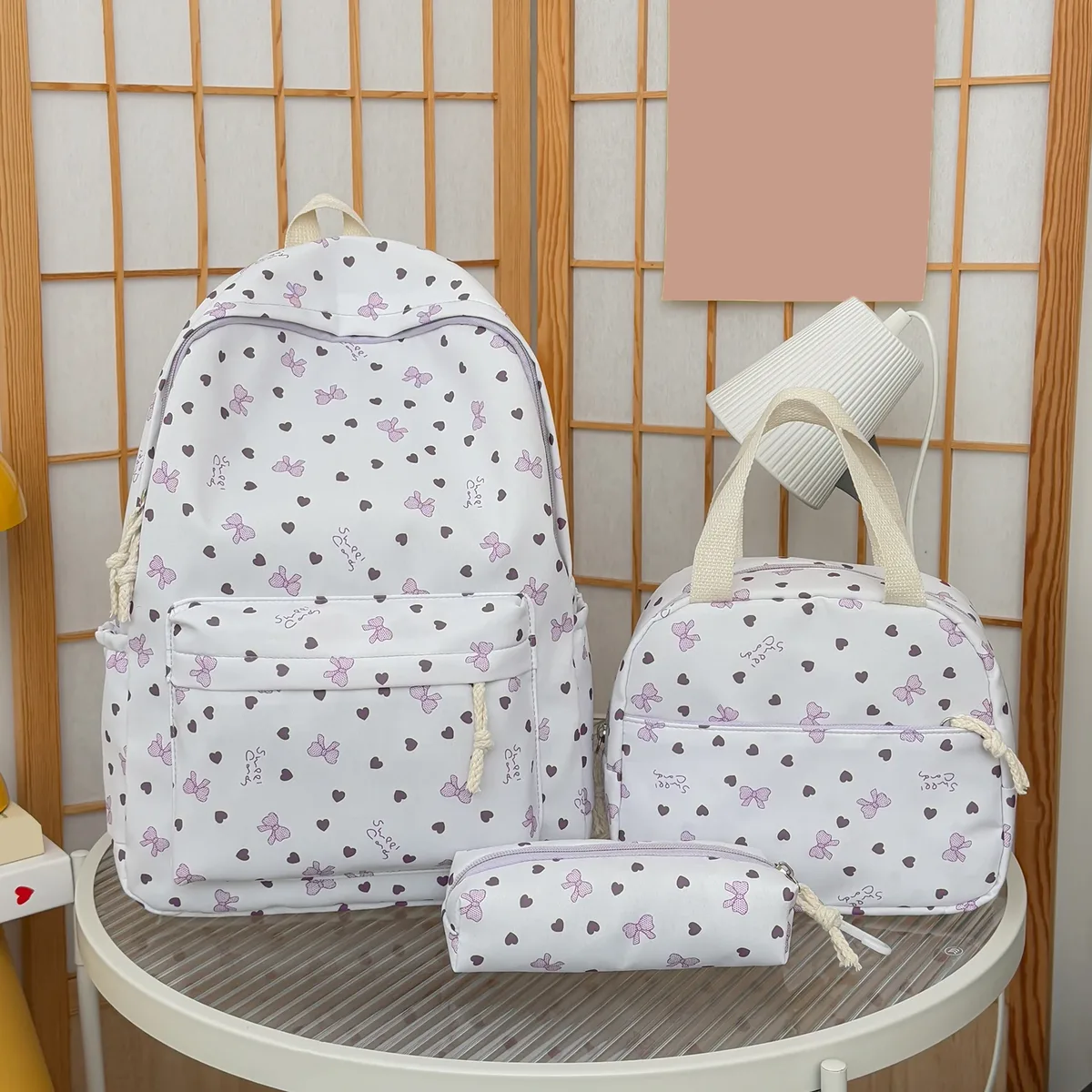sac dos nylon papillons cœurs noir blanc rose adolescentes étudiantes voyage école pochette main set
