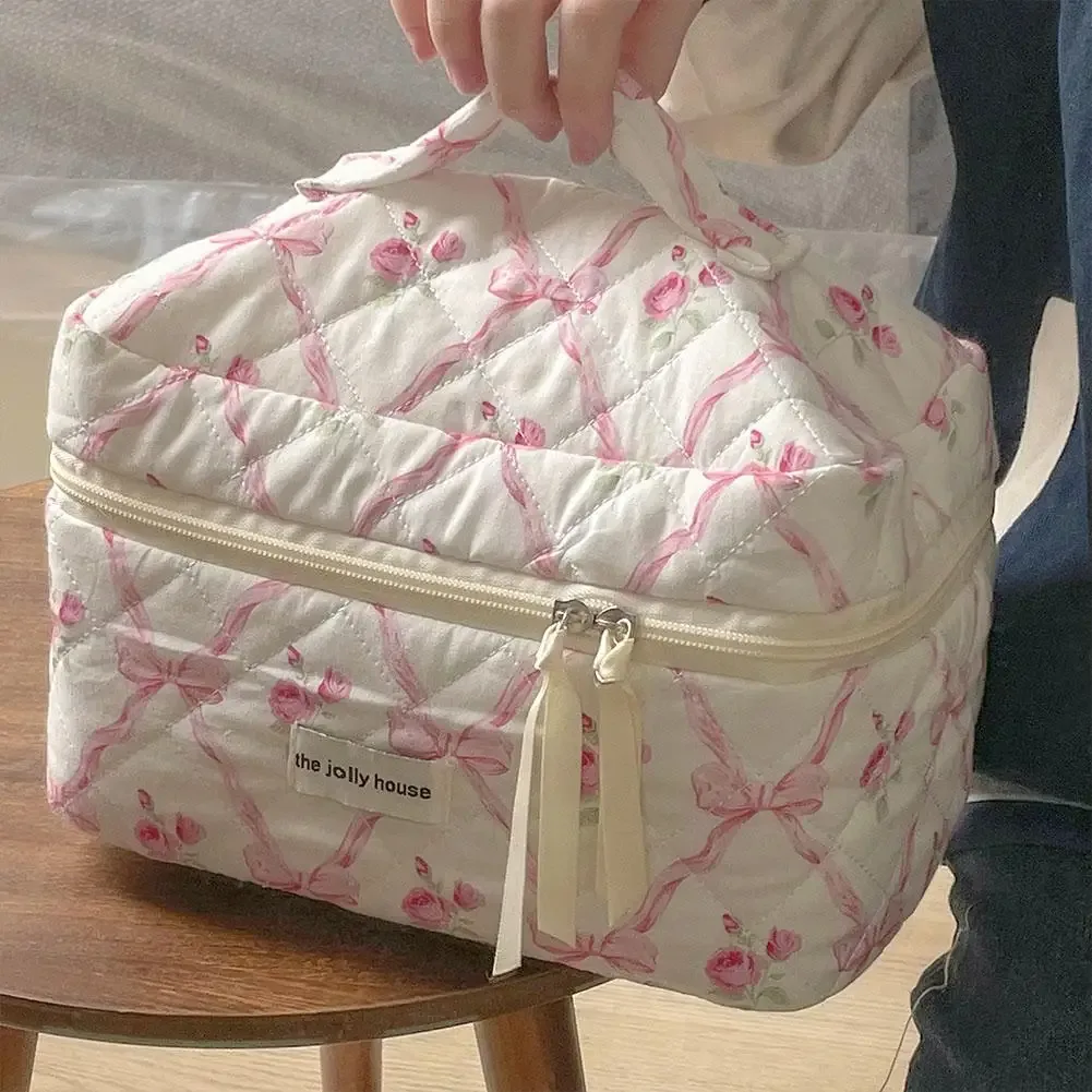 trousse de maquillage matelassurera pour femme, trousse de toilette portable pour filles, sac à main à glissière, mignon, nœud de fleur, évaluation cosmétique, grill féminin