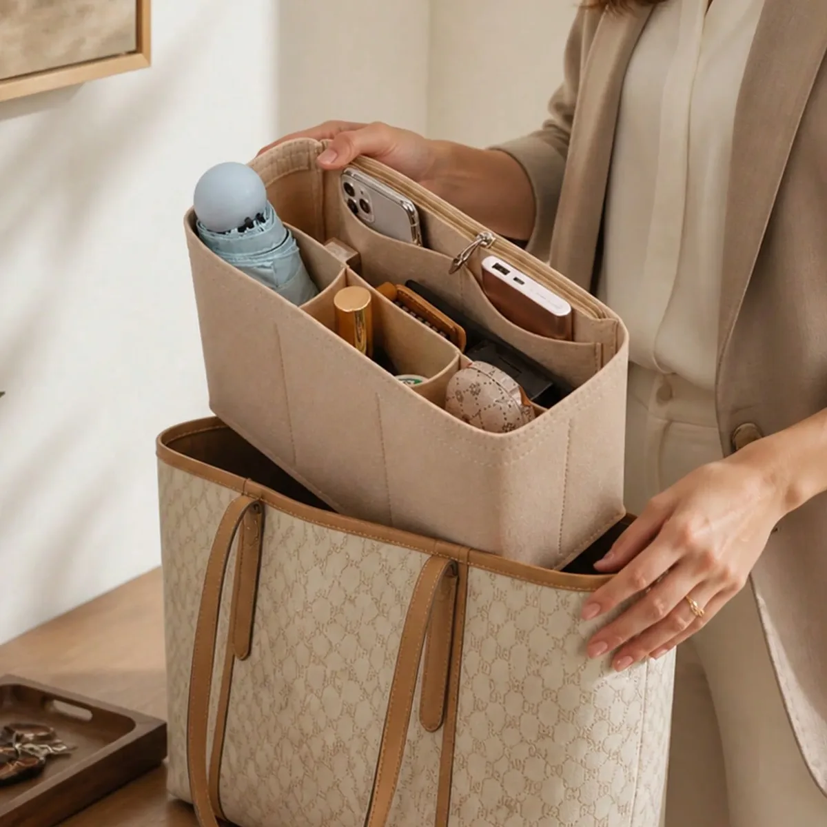 organisateur de sac fourre-tout en feutre, sac de rangement intérieur avec doublure, anti-déformation, insert intérieur multi-poches pour un rangement classifié