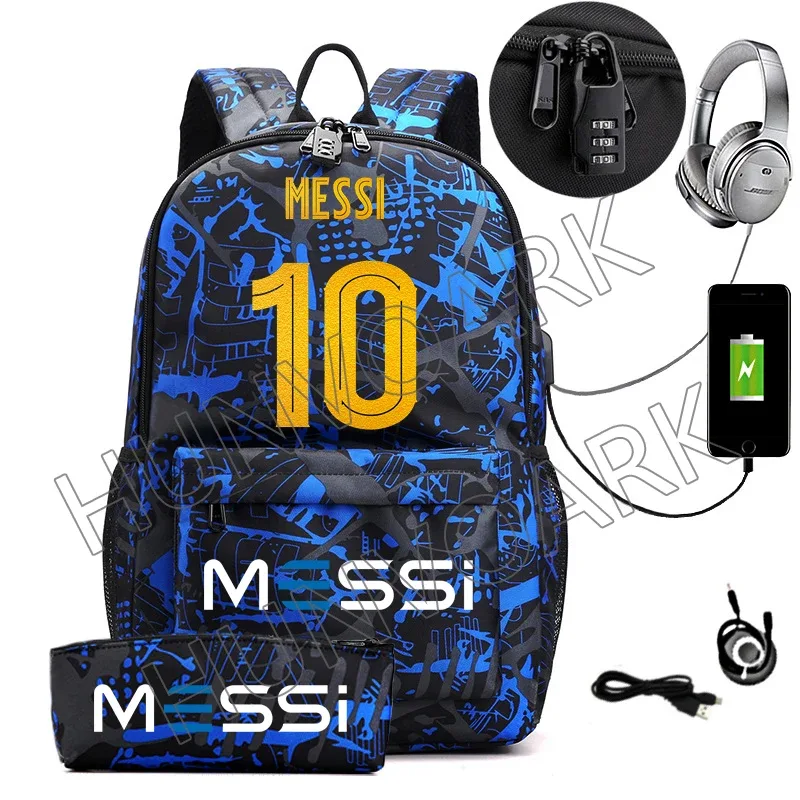 sac dos toile noir motif géométrique bleu blanc compartiment interne ceinture air usb adolescents école