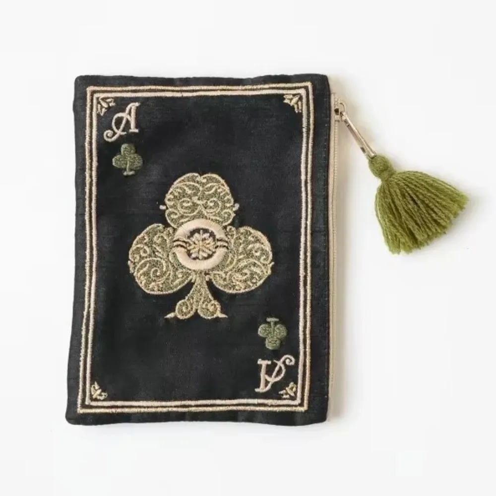 nouvelle trousse à cosmétiques brodée à la main, style ethnique, sac portable pour monnaie et cartes, motif rétro de cartes à jouer, sac de rangement à franges
