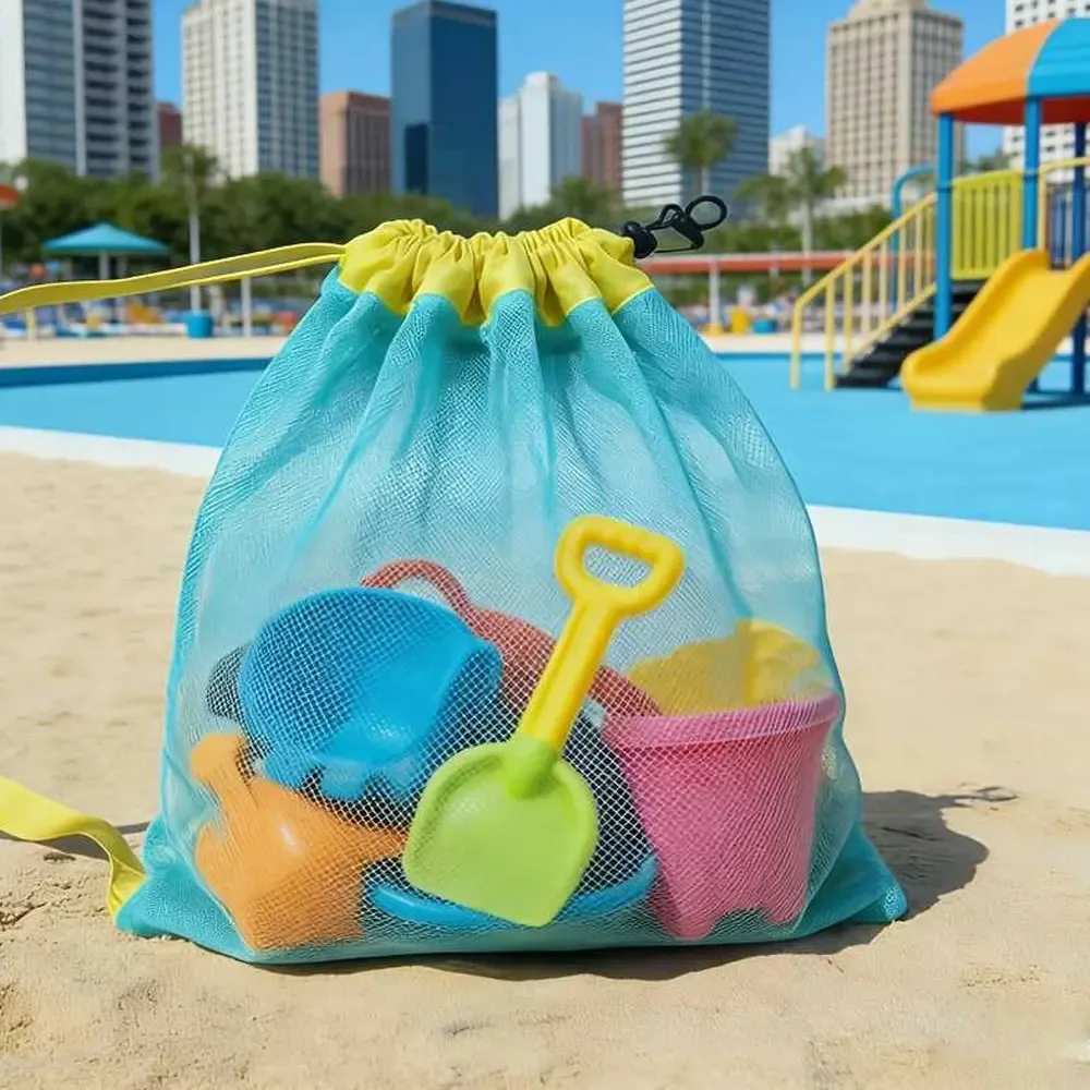 sac de rangement pour la plage et la natation, léger et de grande capacité, sac de plage à bandoulière en maille extensible avec cordon de serrage, housse de plage résistante au sable et respirante, adapté pour changer de vêtements, serviettes, sac bandoulière portable, double usage pour les voyages en plein air et la natation