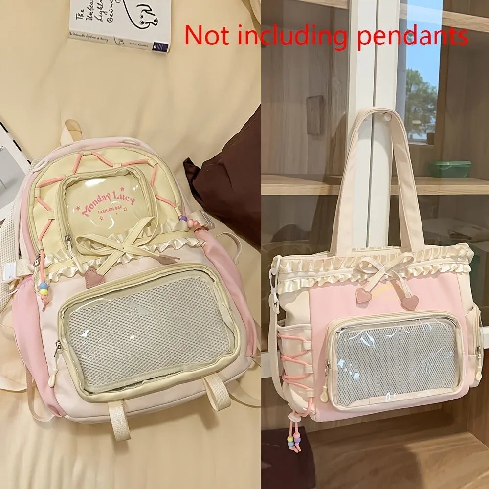 sac dos nylon unisexe pastel gris rose bleu clair motifs lapins coeurs accessoires voyage léger