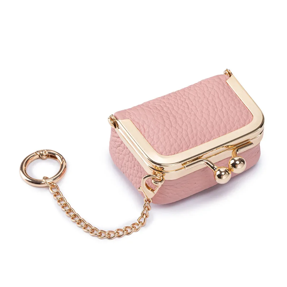 porte-monnaie miniature en cuir véritable avec fermoir à pression et chaîne, petite pochette à fermoir pour femmes, sac de rangement pour bijoux, porte-monnaie compact et solide.