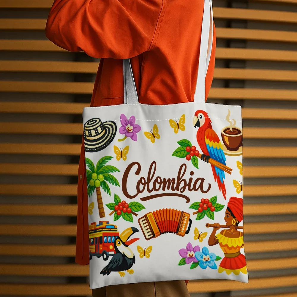sac fourre-tout imprimé avec éléments culturels de la colombie, sac de courses réutilisable, adapté à un usage quotidien, aux courses, à l'école et aux voyages, 1 pièce