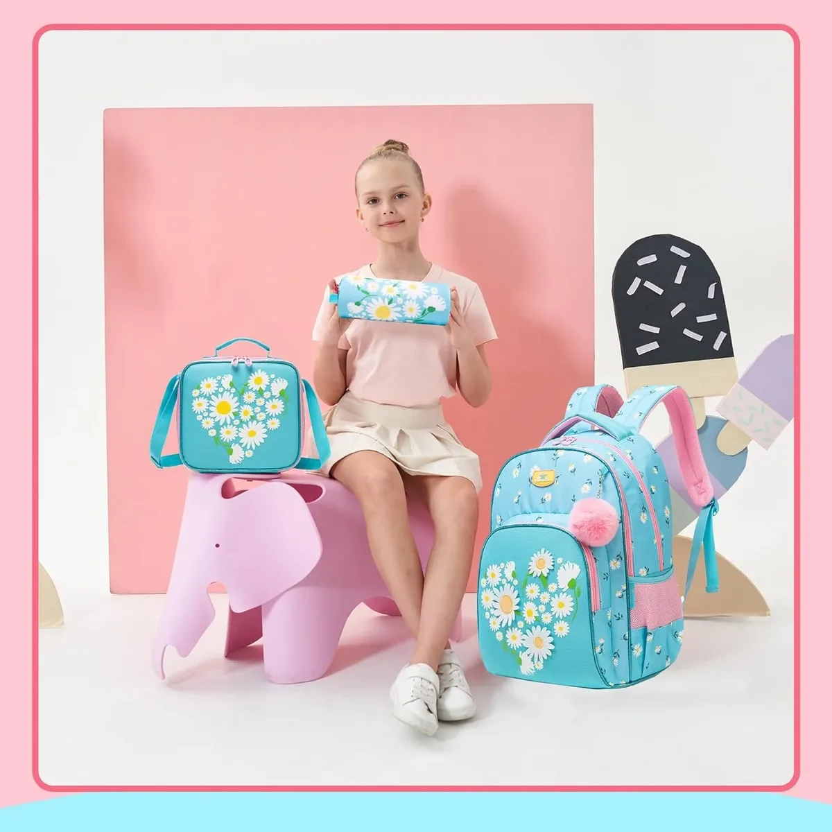 3 pièces sac à dos pour enfants fleur filles bookbag ensemble avec boîte à déjeuner primaire collège sac à dos pour voyage retour à l'école approvisionnement