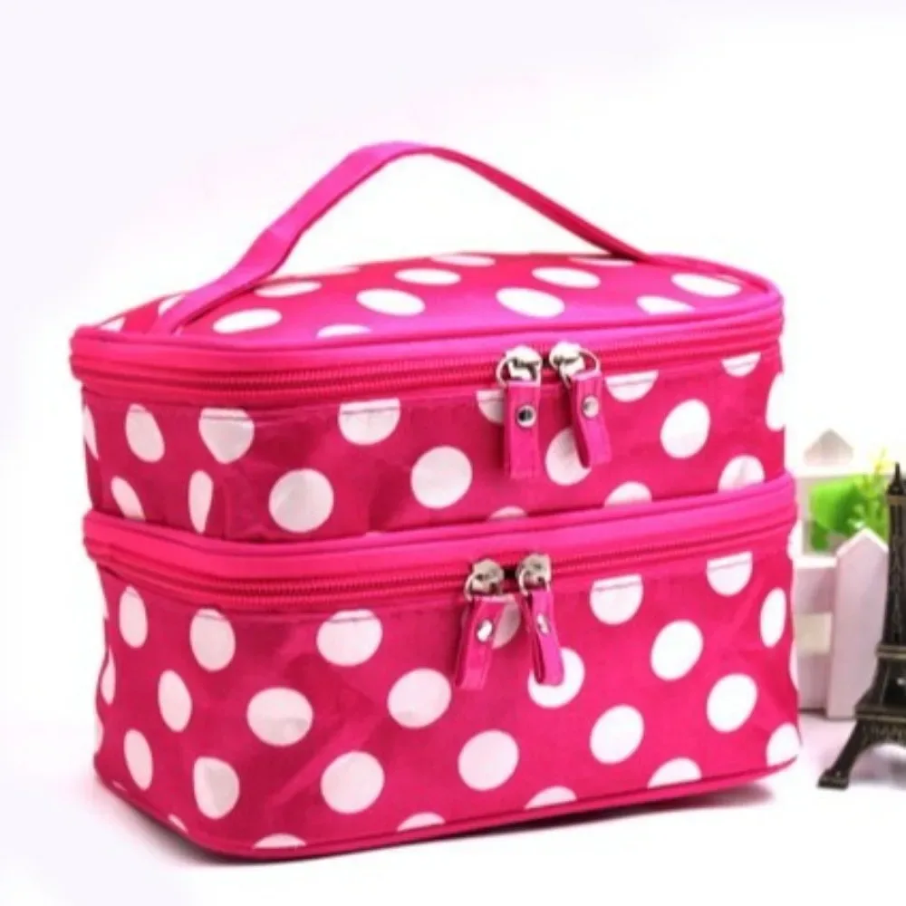 nouvelle trousse de maquillage double couche grande capacité, portable, à pois, pour voyage, organiseur de toilette