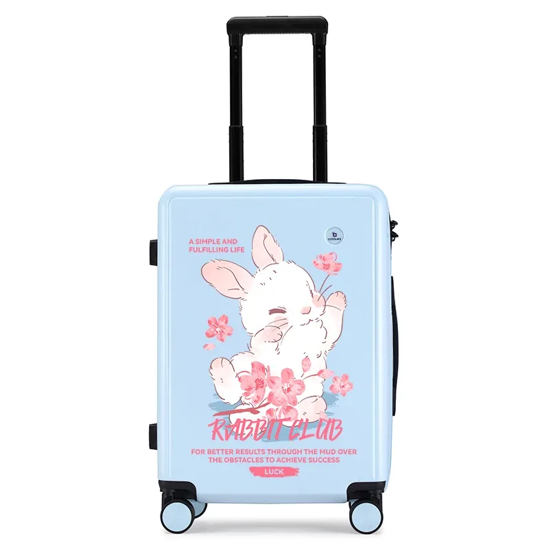 valise plastique abs beige noir gris lapins fleurs roses voyage école enfants toupie roulettes poignées
