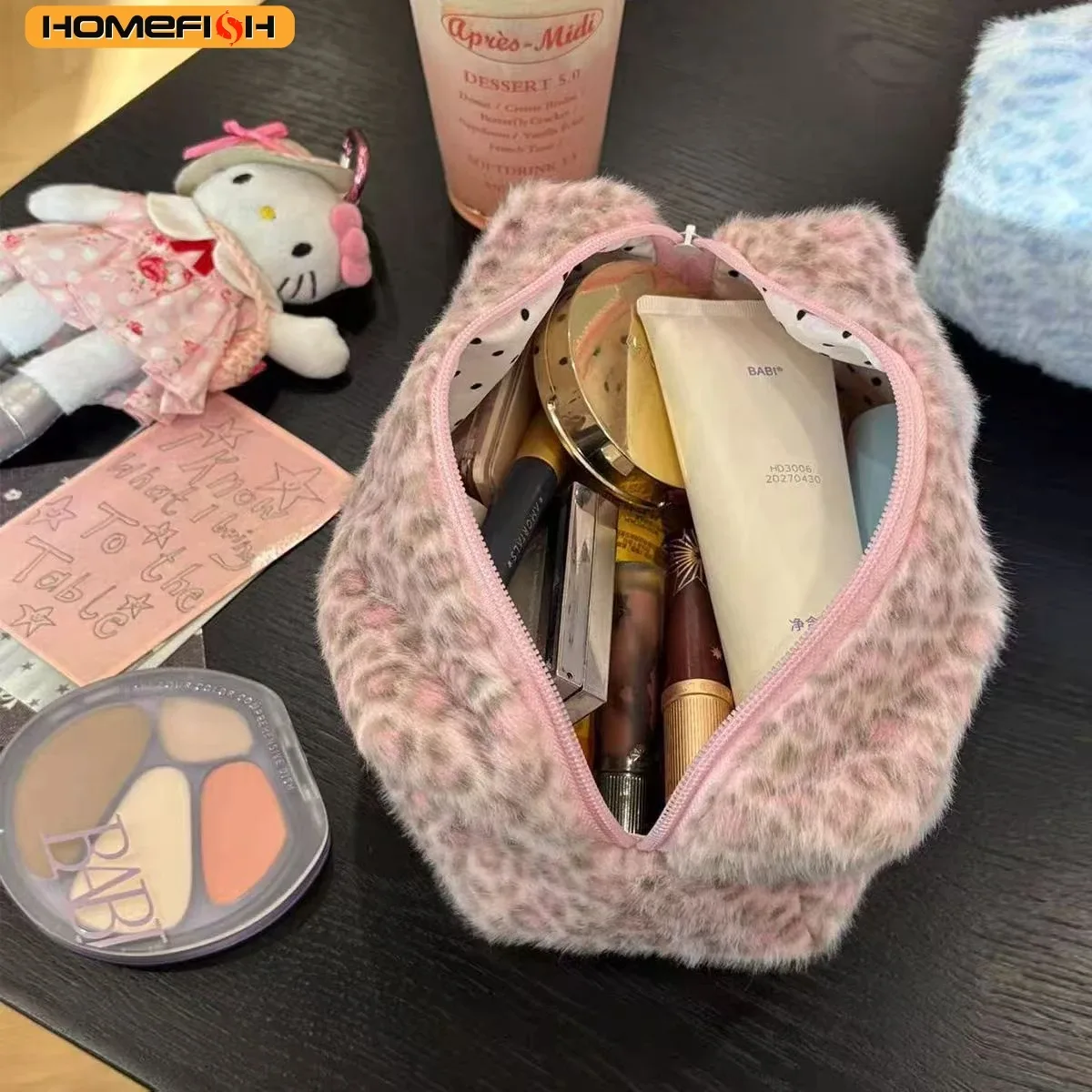 homefish trousse de maquillage durable et douce, grande capacité, imprimé léopard, organisateur de toilette portable, sac cosmétique de voyage pour filles