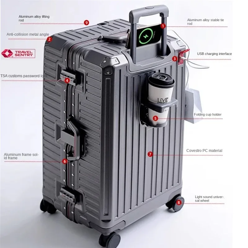 valise de voyage de grande taille, cadre en aluminium, valise à roulettes avec roulettes, bagage à main avec porte-gobelet, boîte à mot de passe