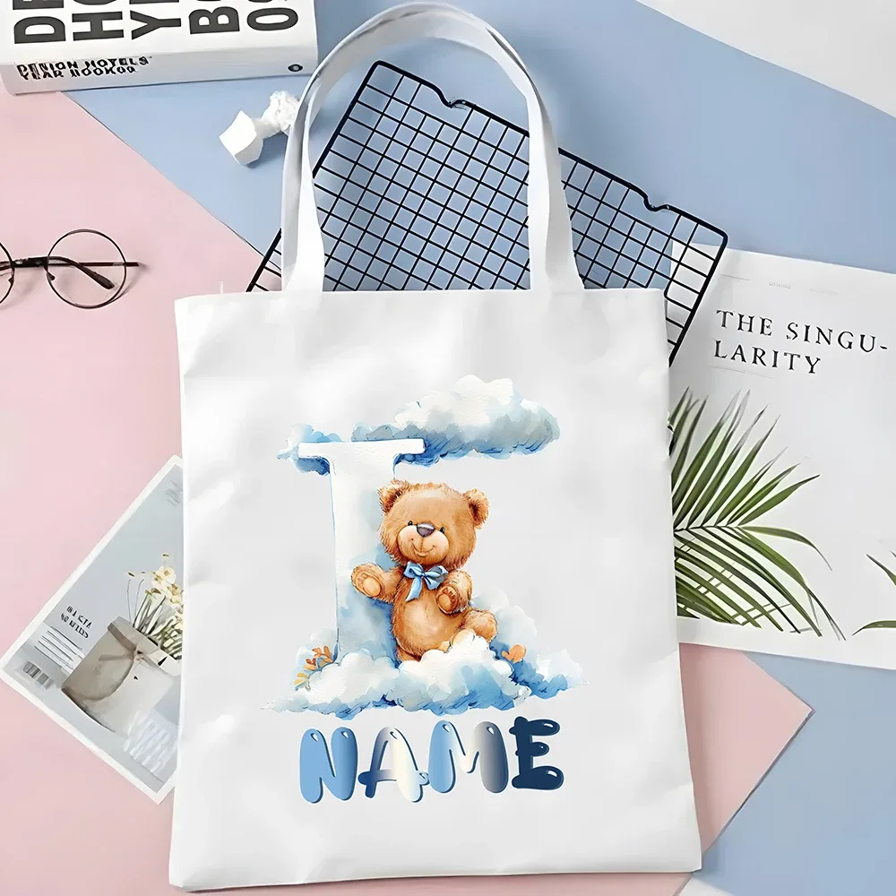 sacs fourre-tout en toile college nuage ours et alphabet personnalisés, sacs à main personnalisés de grande capacité, cadeaux de portabilité pour la rentrée scolaire