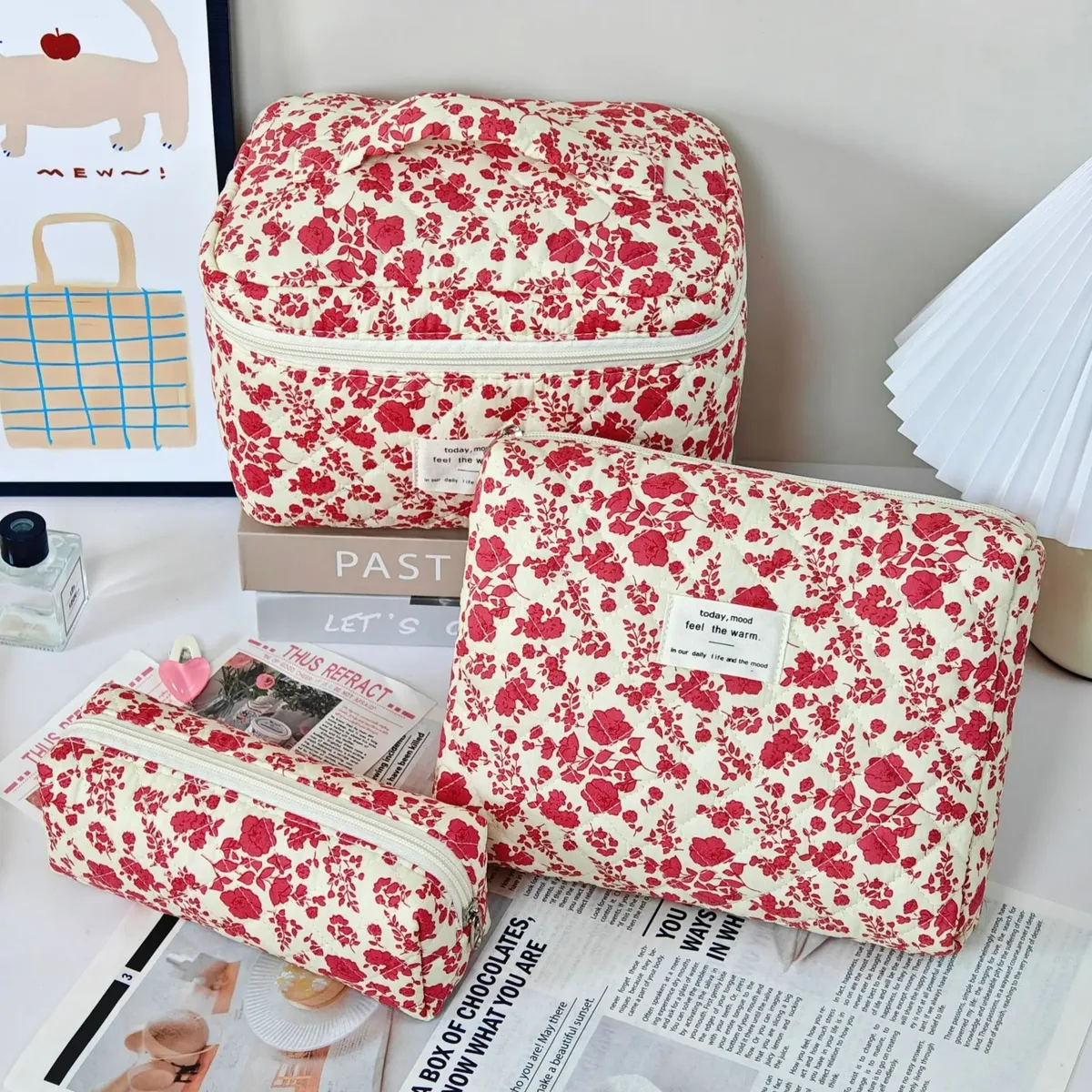 trousse de maquillage à imprimé floral de grande capacité, sac de rangement de cosmétiques de voyage portable, sac de style urbain simple avec doublure en polyester pour femmes
