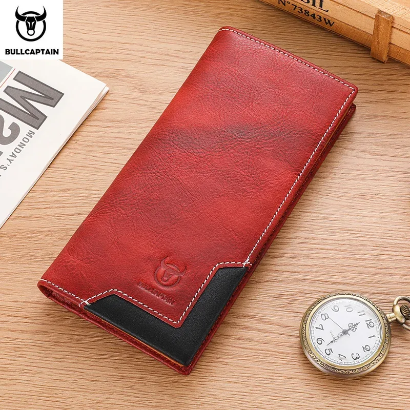 bullcaptain – sac à main long en cuir véritable pour hommes, fonction rfid, porte-carte de crédit, porte-monnaie en cuir, portefeuille multifonctionnel