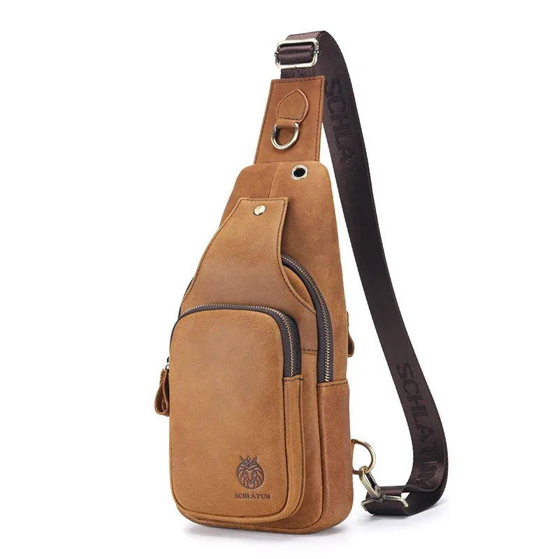 schlatum 100% sac de poitrine en cuir véritable décontracté triangle bandoulière conception voyage épaule sac à dos hommes en cuir sac multifonctionnel