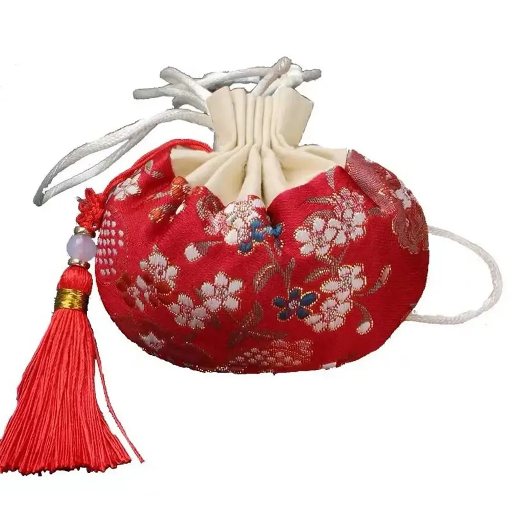 pochette de rangement pour colliers, motif floral, avec cordon de serrage et pompon, style chinois, pochette vide pour bijoux, sac à main pour femmes