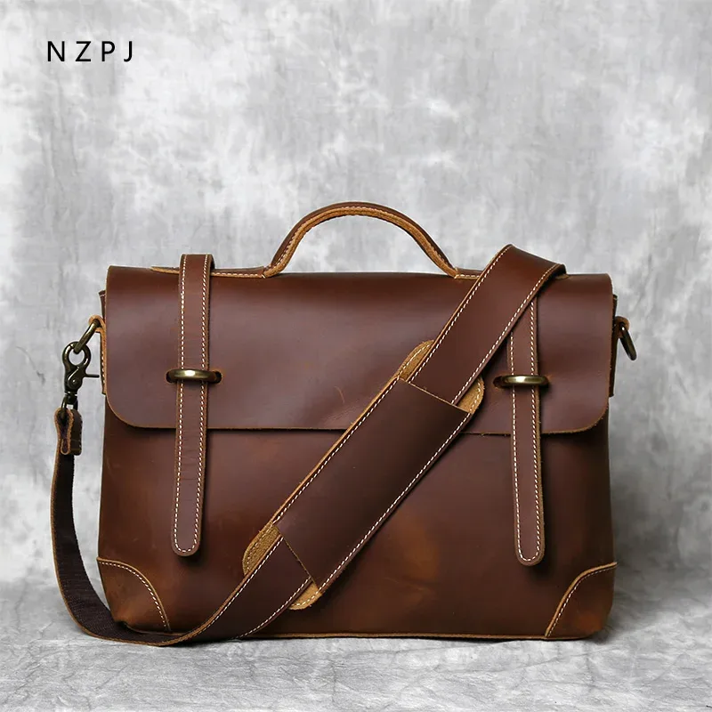sac à main rétro en cuir pour hommes, sac à bandoulière avec couche supérieure en cuir de vache, porte-documents crazy horse, sacoche d'ordinateur de grande capacité, nzpj