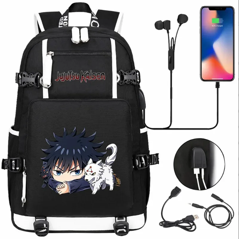 jujutsu kaimmer-sacs à dos college pour hommes et femmes, cartable anime pour adolescents, port de charge usb décontracté, sacs d'extérieur pour ordinateur portable, noir, mochila