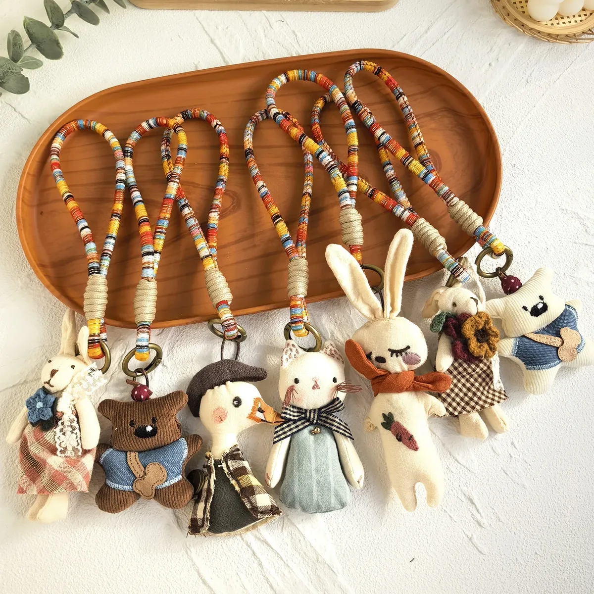 porte-clés fait à la main, adorable animal de dessin animé, à la mode, pendentif animal en tissu artisanal pour sac à dos de décoration