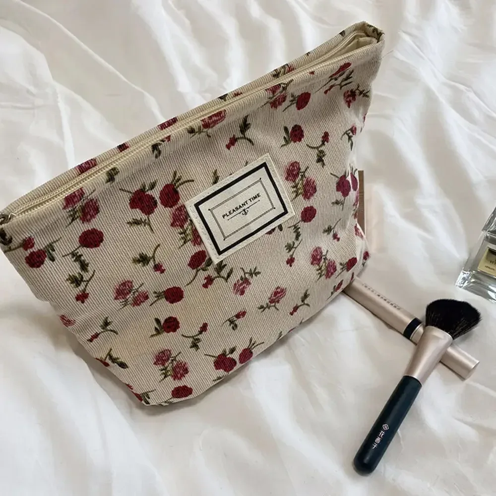 sac à cosmétiques en velours côtelé de grande capacité pour femme, trousse de maquillage à fermeture éclair, pochette de rangement de cosmétiques de voyage portable