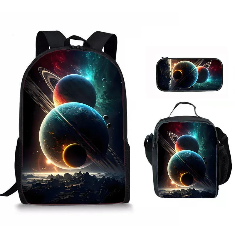 sacs de voyage pour étudiants, sac à dos pour ordinateur portable, sac à déjeuner, trousse à crayons, imprimé 3d hip hop youthful novelty space planet, 3 pièces/ensemble