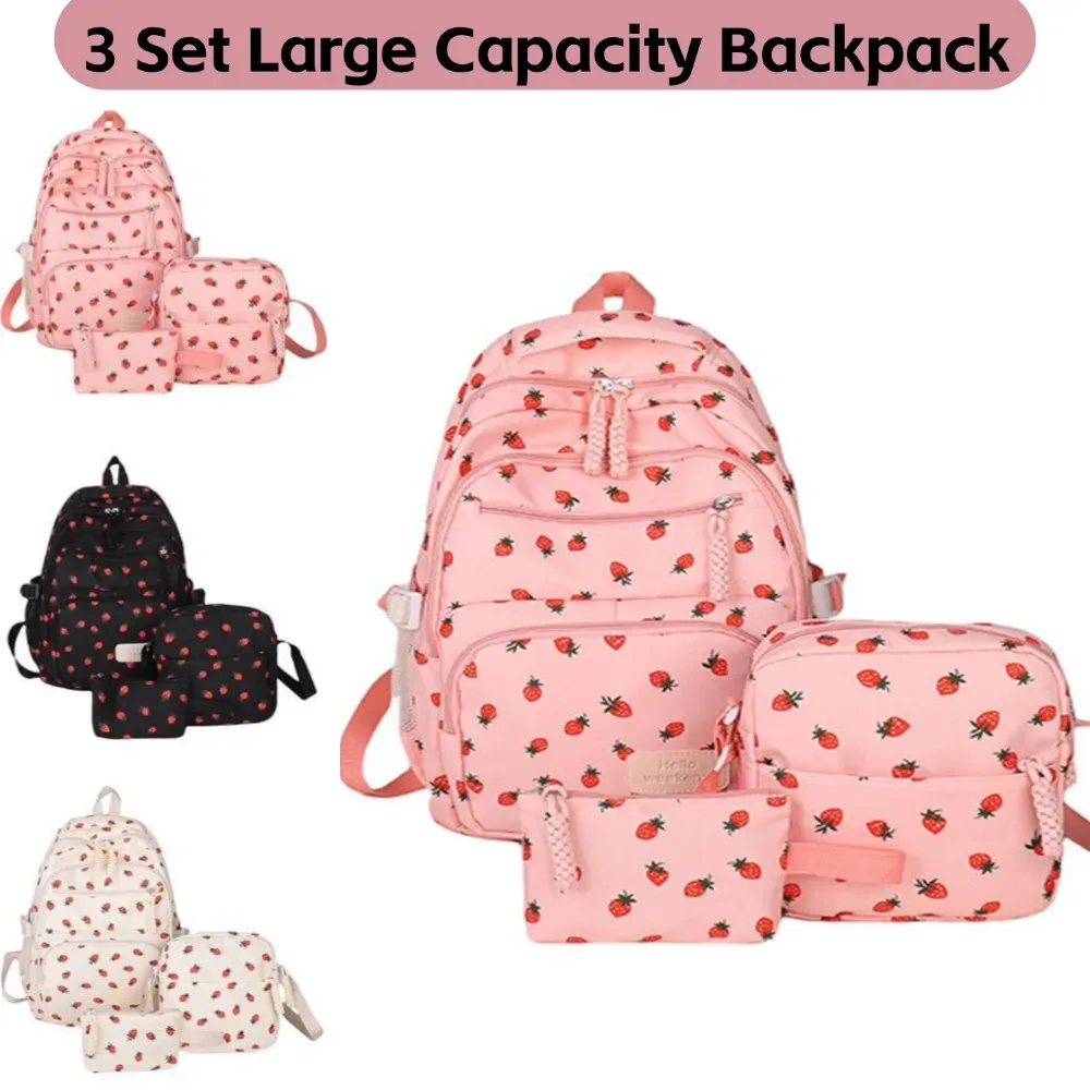 Sac Dos Nylon Rose Fraises Blanc Grand Capacité Étudiant Accessoires Poche Organisateur Voyage Université