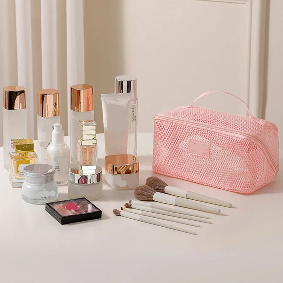 sac de maquillage à main en maille de grande capacité, fermeture éclair, multicouche, maille transparente, sac à cosmétiques, étui de rangement carré