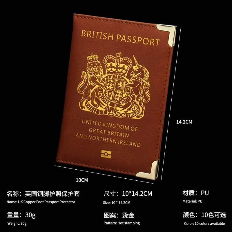 accessoires de voyage porte-passeport britannique avec pieds en cuivre, couverture de passeport en pu, portefeuilles d'angle en métal fin, porte-carte d'identité