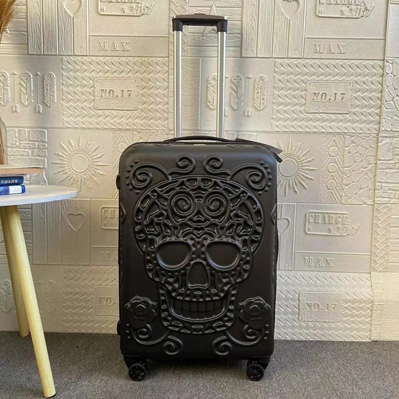 valise trolley de voyage à roulettes grande taille, style punk squelette, avec éléments pop personnalisés, verrou de douane, bagage cabine