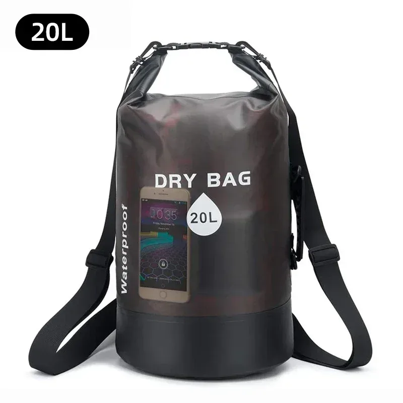 organisateur voyage sac étanche pvc transparent motif bleu poignée noire sangle ajustable trekking kayak rafting canotage