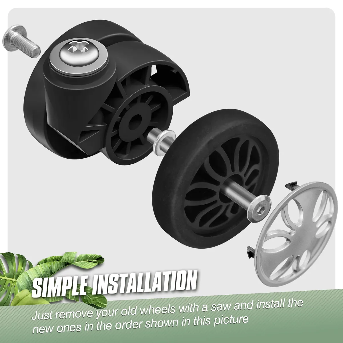 roues remplacement bagages plastique métal noires argentées motifs géométriques format 60mm usage voyage réparation