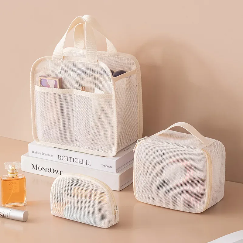 ensemble de trousses de maquillage en maille respirante 3 pièces, organiseur de toilette portable de voyage, rangement cosmétique étanche pour femmes et filles