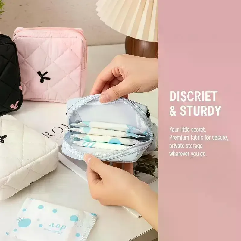 sacs de rangement pour serviettes hygiéniques mignons et de grande capacité, sacs à nœuds de dessin animé portables, organiseur de tampons pour les règles des filles, pochette