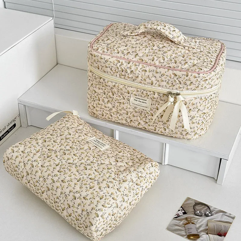 sac à cosmétiques vintage en velours côtelé pour femmes, sacs de rangement de voyage rétro pour dames, sacs à main portables, trousse de maquillage, pochette