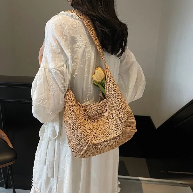 sac fourre-tout tendance rétro en coton tricoté à la main, nouveau style, sac à bandoulière souple pour femme, sac de shopping