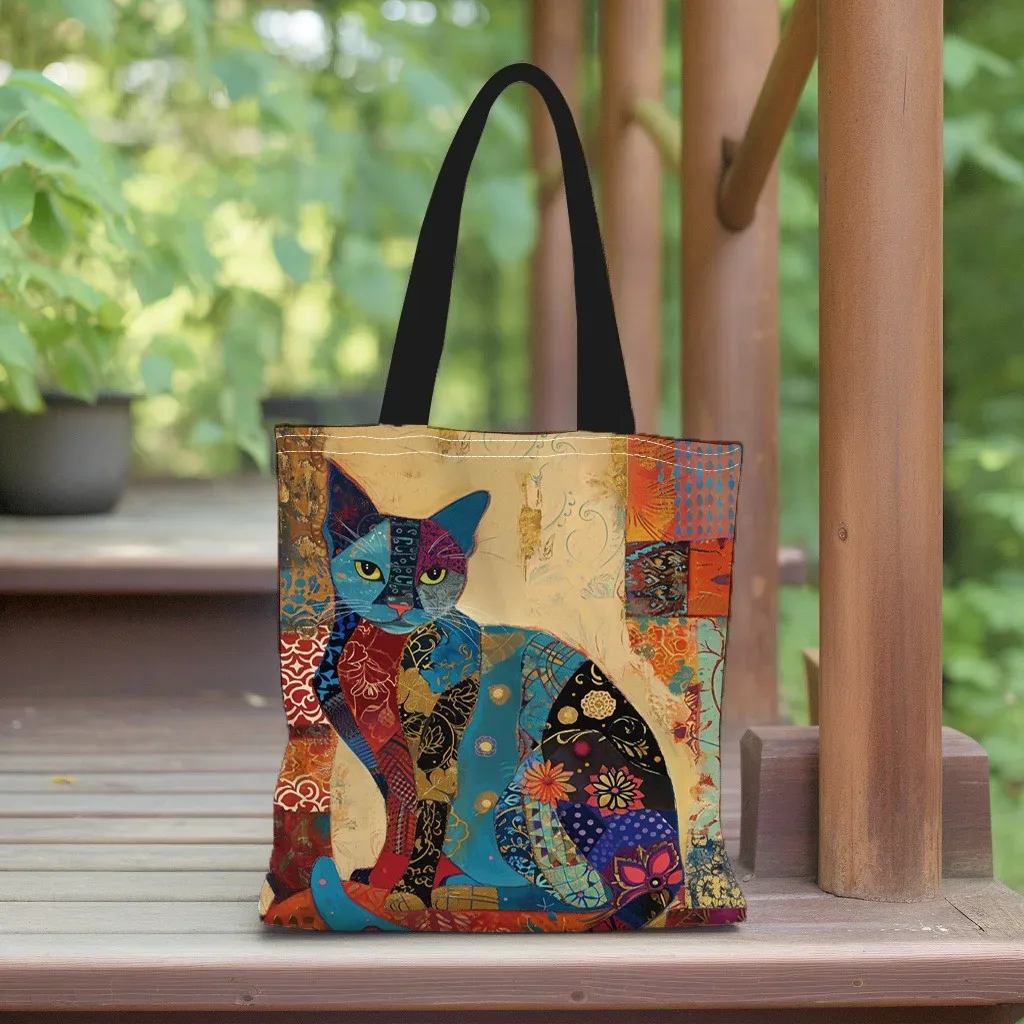 1/5/10 pièces sac fourre-tout à motif floral de chat, sac à bandoulière esthétique en toile pour l'école, sac de courses léger