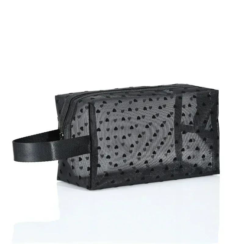 sac à cosmétiques en maille de nylon, organisateur de toilette en forme de cœur à fermeture éclair, sacs de maquillage multifonctionnels pour femmes, rouge à lèvres, clé, porte-monnaie