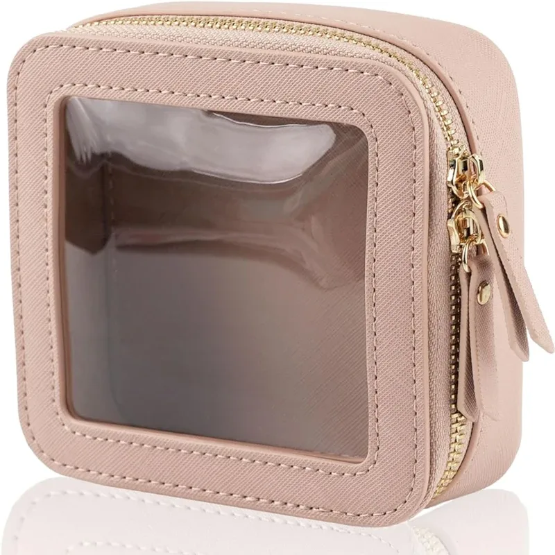mini trousse de maquillage en cuir pu saffiano, avec initiales de nom personnalisées gratuites, jolie petite fenêtre visible, rangement de rouges à lèvres, étui à cosmétiques